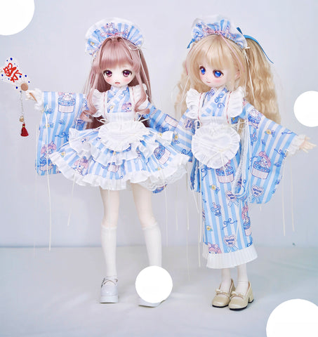BJD Kimono Outfit with Double Skirt Hem Yukata Dress Apron & Headband For 1/6 1/4 1/3 Scale Dolls