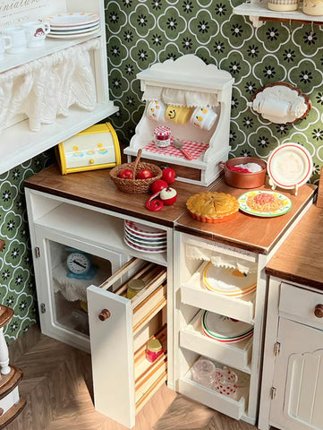 1:6 Scale Dollhouse Kitchen Furniture Miniature Vintage Style Wooden Cupboard Shelves Cabinet Drawers For Dolls Handmade