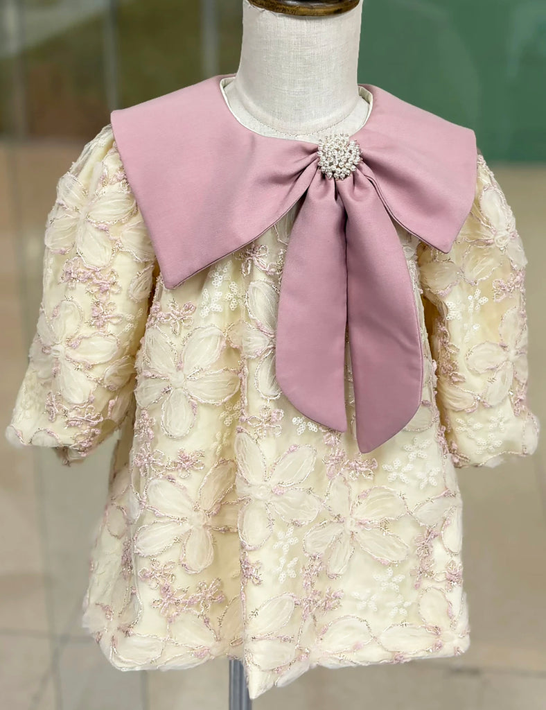 Handmade Baby Girl Lace Dress, Toddler Floral Pink Collar Outfit Children Wear Luxury