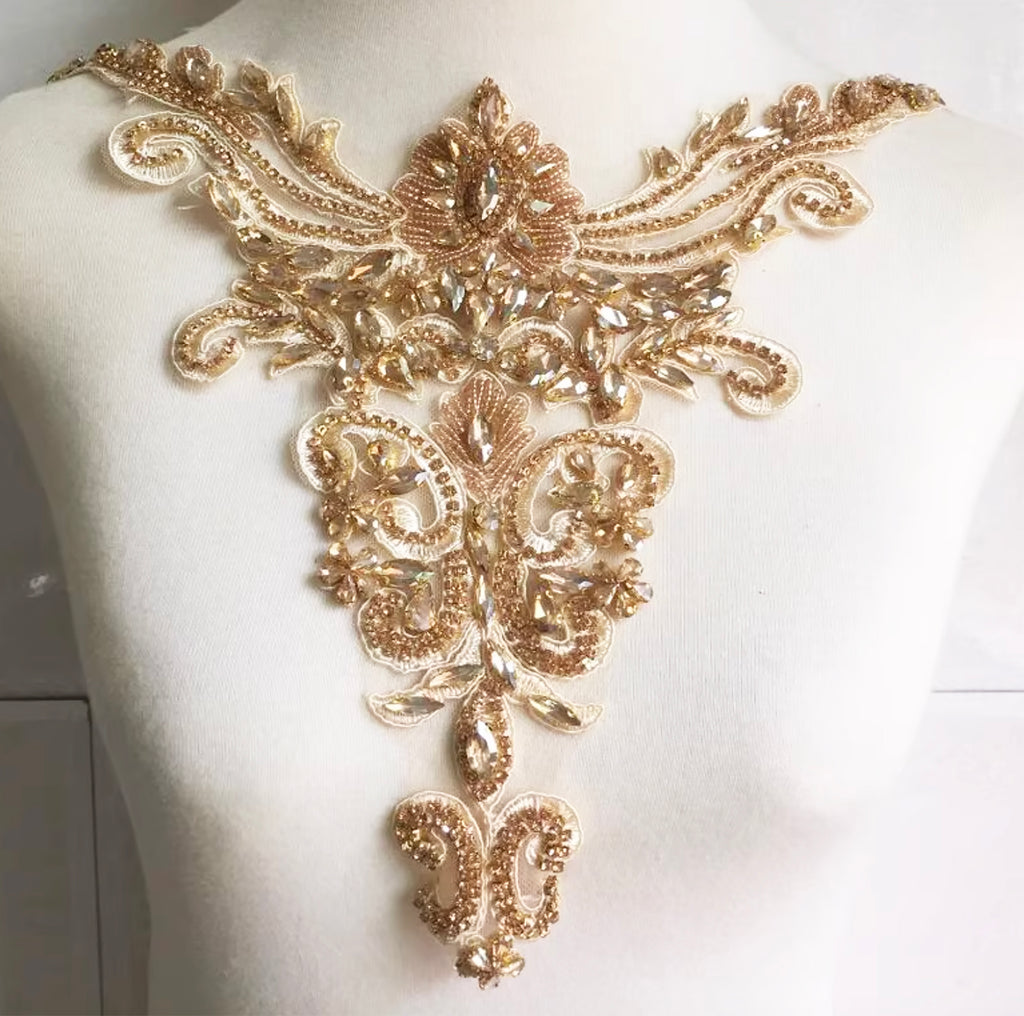 Champagne Beaded Lace Neckline Applique Rhinestone Embroidery Collar Motif Patch