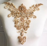 Champagne Beaded Lace Neckline Applique Rhinestone Embroidery Collar Motif Patch