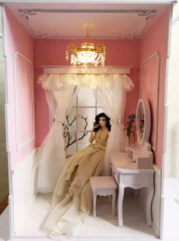 Craftuneed 1:6 scale Miniature Dollhouse Vanity Room Scene Includes Dressing Table Stool, Chandelier, Curtain, Dust Cover For Fashion Dolls