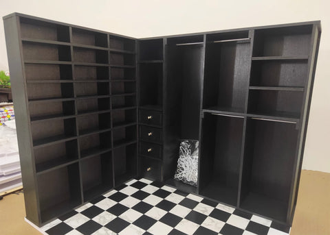 Craftuneed 1:6 scale Miniature Black Wooden L Shape Closet & Shoe Cabinet Handmade Dollhouse Wardrobe Furniture For Fashion Dolls