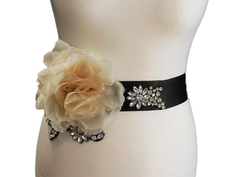 Handmade Bridal Sash Belt Black, Ivory & Champagne Chiffon Flower Rhinestones Wedding Dress Belt Floral Waistband for Wedding