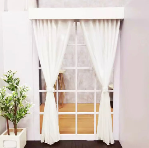 Craftuneed 1:6 Scale Dollhouse French Window with Curtains Miniature DIY Doll Photography Backdrop Prop Room Decor