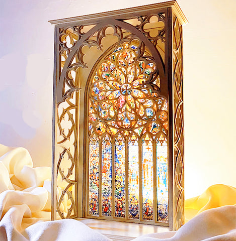 Craftuneed 1:6 Scale Miniature Gothic Cathedral Church Window Backdrop Dollhouse Stained Glass Effect Arch Display for BJD & Fashion Dolls