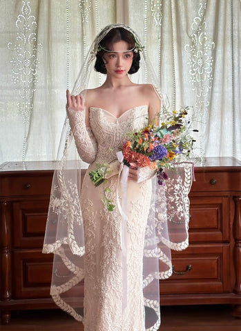 Craftuneed Vintage Inspired Long Ivory Bridal Wedding Veil with Embroidered Lace Trim Available 1.5m to 3m Cathedral Veil