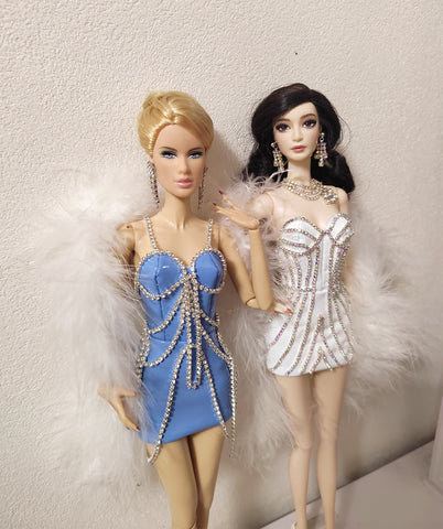 Craftuneed 1:6 Scale White or Blue Rhinestone Miniature Doll Dress with Shawl Glamorous Party mini Doll Outfit Handmade