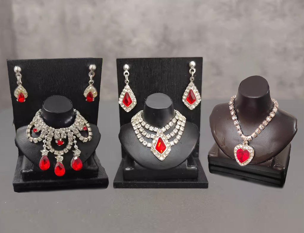Set of 3 Miniature Doll Jewellery 1:6 Scale Red Rhinestone Necklaces Earrings Handmade