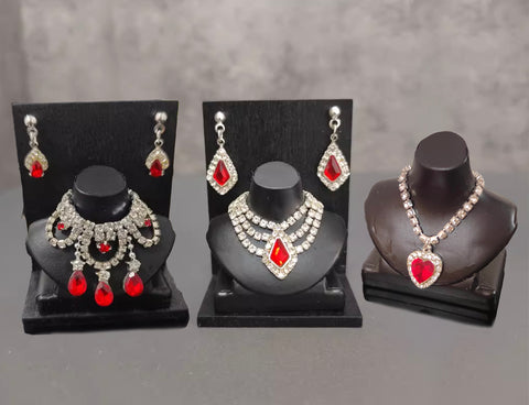 Set of 3 Miniature Doll Jewellery 1:6 Scale Red Rhinestone Necklaces Earrings Handmade