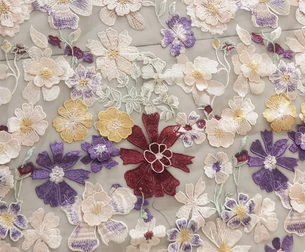 3D Floral Embroidered Lace Fabric – Multi-Color Tulle Mesh Material for Dressmaking, 3Meters