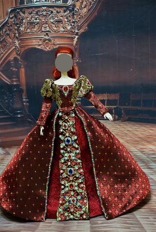 Craftuneed Handmade 1:6 Scale miniature Victorian Red Queen Doll Dress and petticoat with faux pearls rhinestones embellishments details