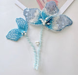 Blue Beaded Floral Lace Applique Bridal Sequin Faux Pearl Flower Motif Patch