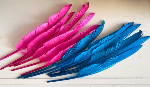 Craftuneed Bundle 13pcs Hot Pink Blue large stripped hat mount feather for Millinery art craft diy