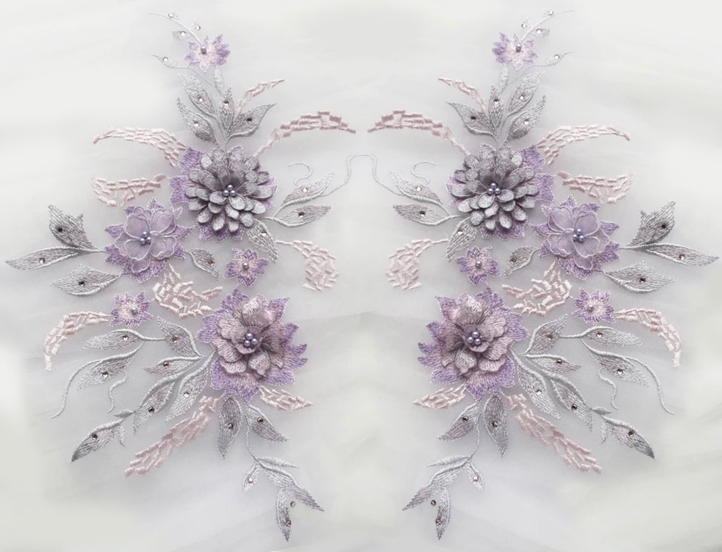3D Floral Beaded Lace Applique Pair Embroidered Bridal Couture Tulle Motif Patch