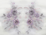 3D Floral Beaded Lace Applique Pair Embroidered Bridal Couture Tulle Motif Patch