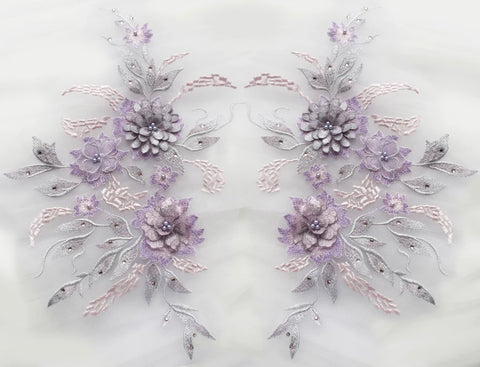 3D Floral Beaded Lace Applique Pair Embroidered Bridal Couture Tulle Motif Patch