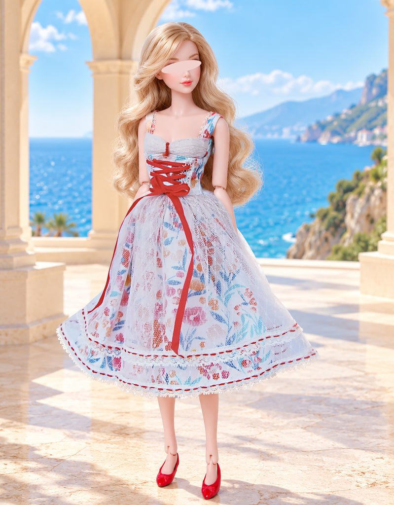 Handmade 1:6 Scale Doll Dress Miniature Romantic Floral Lace Gown with Red Corset