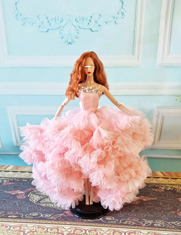 Craftuneed Handmade 1:6 Scale Miniature Doll Pink Ruffle Ball Gown Dress Luxury Evening Party Dress For Fashion Dolls