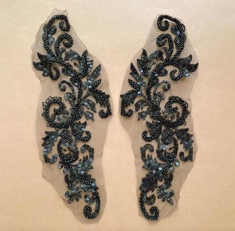 Black Beaded Lace Applique Pair Sequins Floral Embroidery Lace Motif Patch For Dressmaking