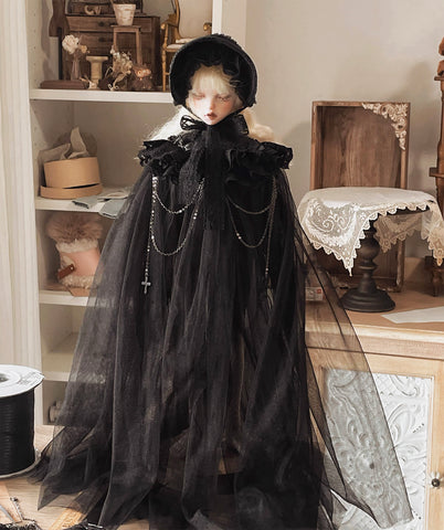 Craftuneed Halloween Gothic Black Witch Cape for BJD Cloak Outfit with Bonnet Fits For 1/4 1/3 Dolls Available in Ivory