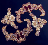 Gold Red Sequin Lace Applique Set, 4pcs Floral Beaded Motif Embroidery Patch