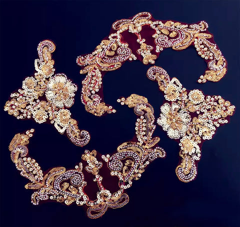 Gold Red Sequin Lace Applique Set, 4pcs Floral Beaded Motif Embroidery Patch