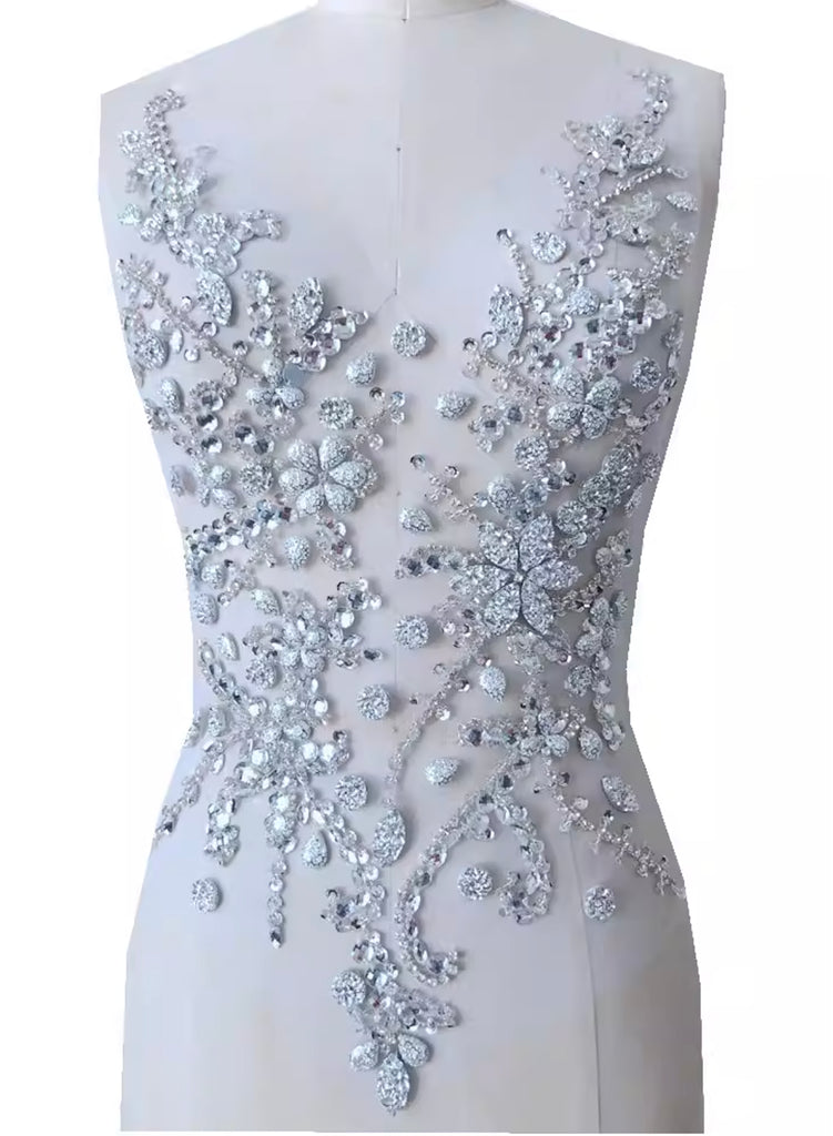 White Rhinestone Lace Applique, Beaded Sequin Motif, Bridal Costume Embellishment