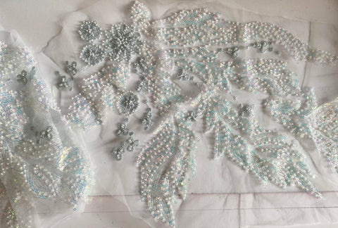 Craftuneed Bundle 2Pcs Luxury Pastel Grey Blue Sequin Lace Applique Beaded Floral Embroidered Patch for Dressmaking, Bridal, Dancewear