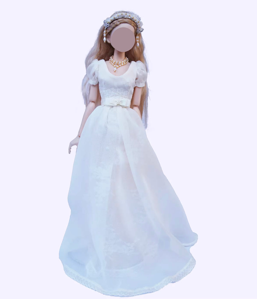 Handmade 1:6 Scale Doll Wedding Dress Miniature Bridal Gown with Hair Accessory Necklace