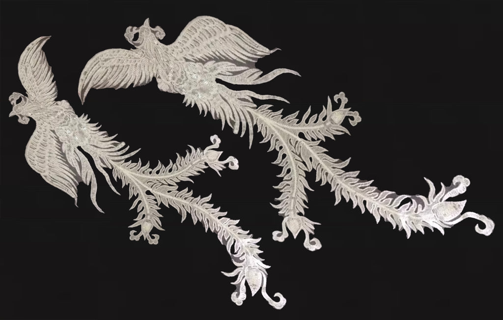 Ivory Peacock Lace Applique Pair Large Sequins Embroidered Motif For Costume Sewing DIY