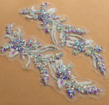 AB Rhinestone Lace Applique Pair Ivory Floral Beaded Bridal Motif Embroidery Patch