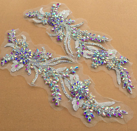 AB Rhinestone Lace Applique Pair Ivory Floral Beaded Bridal Motif Embroidery Patch