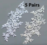 5 Pairs Ivory or White Beaded Lace Applique Floral Sequins Embroidered Bridal Motif Patch