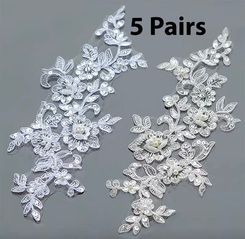 5 Pairs Ivory or White Beaded Lace Applique Floral Sequins Embroidered Bridal Motif Patch