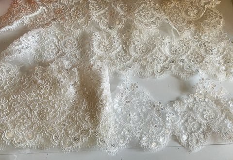 Ivory Floral Sequin Lace Trim – Eyelash Lace Border Sewing Supply, Total 6.8 Meters