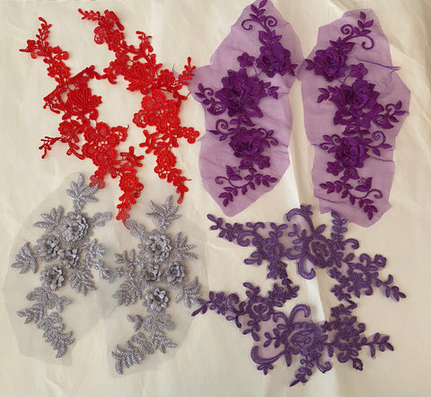 Craftuneed Job lot 8pcs red grey lilac purple 3D sew on lace applique double layer floral lace motif patch