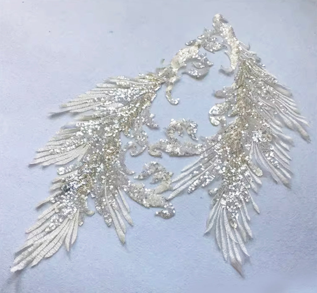 Ivory Sequin Lace Applique Pair Large Bridal Embroidered Motif Patch For Costume DIY