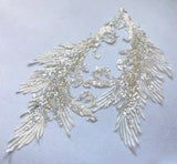 Ivory Sequin Lace Applique Pair Large Bridal Embroidered Motif Patch For Costume DIY