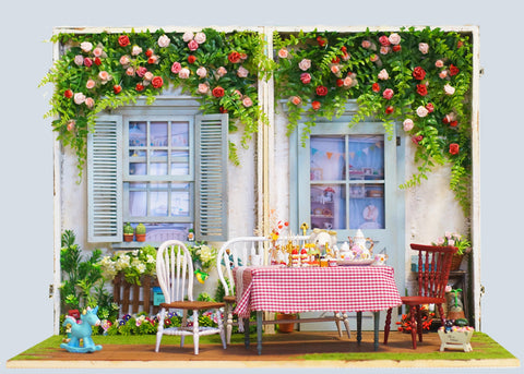 Craftuneed 1:6 scale Dollhouse Portable Tea Time Backdrop Miniature Folding Wooden Cottage Garden Courtyard Scene & Furniture for Dolls