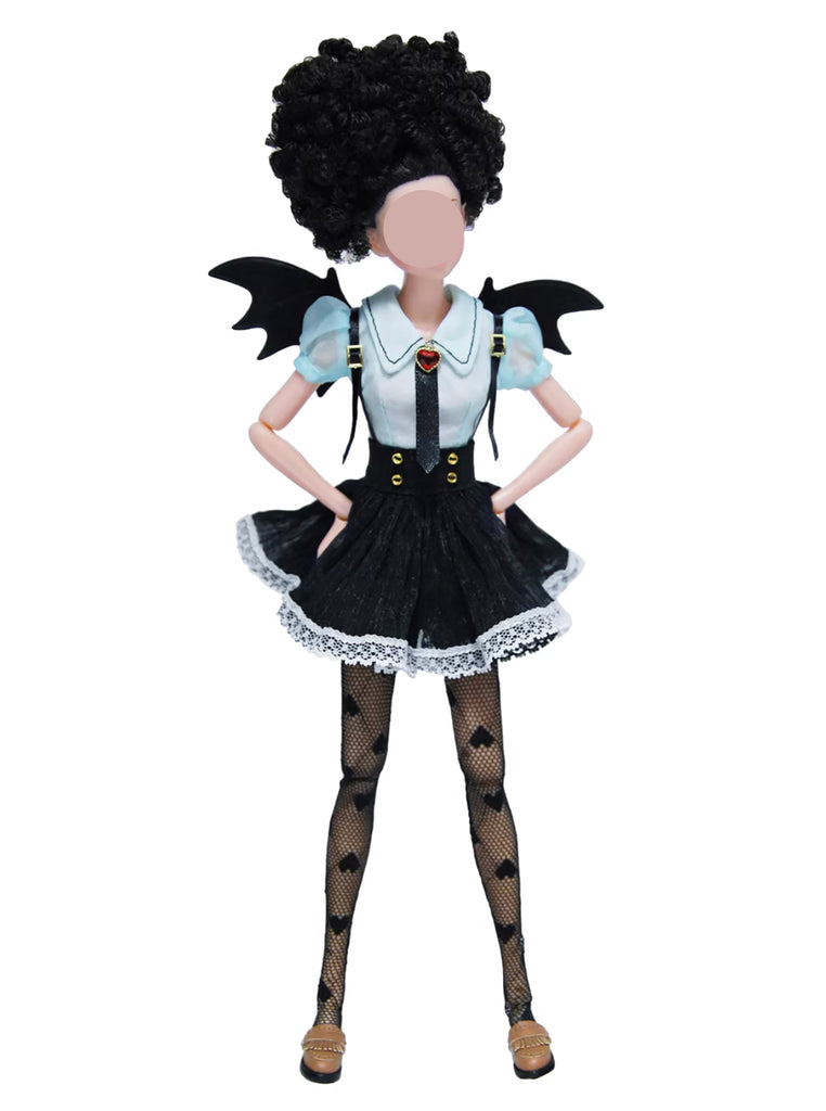 1:6 Scale Doll Outfit Little Devil Wing Top Skirt Stockings Handmade Gothic Style Clothes