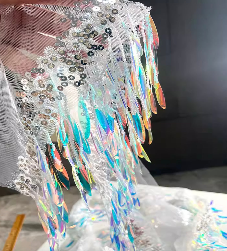 Iridescent Fringe Sequin Mesh Trim – Gradient Blue Laser Net Fabric, 20cm Wide, 6 Meters