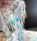 Iridescent Fringe Sequin Mesh Trim – Gradient Blue Laser Net Fabric, 20cm Wide, 6 Meters