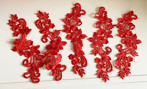 Bundle 5pcs red sew on lace applique embroidered floral tulle lace motif patch