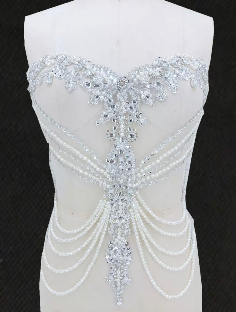 White Beaded Bodice Applique Bridal Faux Pearl Rhinestone Lace Patch For Wedding DIY
