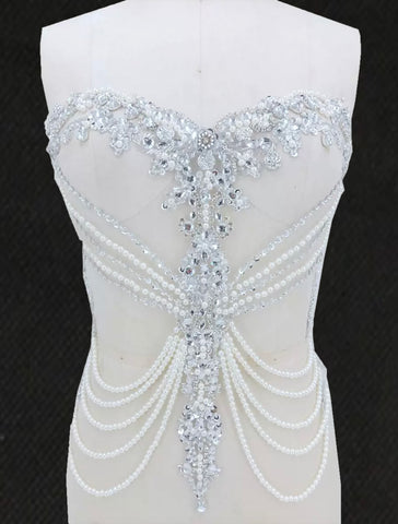 White Beaded Bodice Applique Bridal Faux Pearl Rhinestone Lace Patch For Wedding DIY
