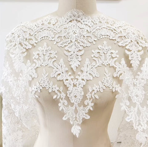 Ivory Embroidered Floral Lace Trim – Net Lace Border Fabric, Sewing Craft Supply, 6 Meters