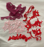 Craftuneed Job lot 9pcs sew on red baby pink floral lace applique motif button loops purple lace trim