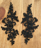 A Pair Black Floral Lace Appliques Embroidered Flower Lace Motifs on Tulle