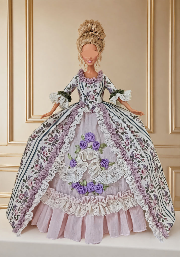 1:6 Scale Victorian Doll Dress Handmade Floral Historical Gown Lace Rococo Style Outfit